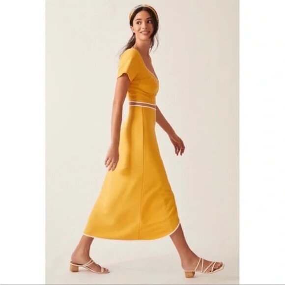 Anthropologie Maeve Yellow Midi Skirt High Slit White Trim Women's Size Large - Picture 3 of 8